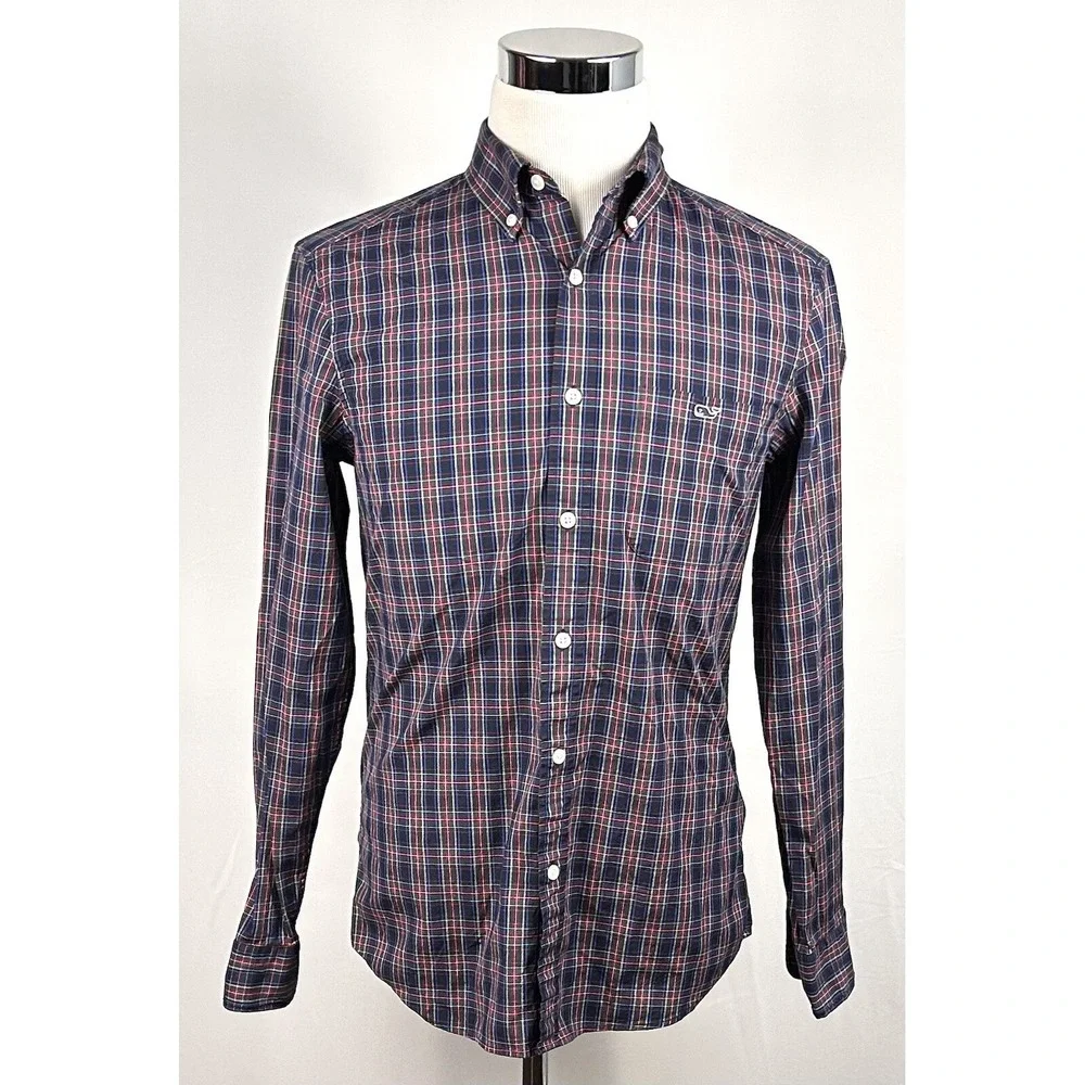 Vineyard Vines Small Classic Fit Shirt Red Blue Green Plaid Cotton Blend
